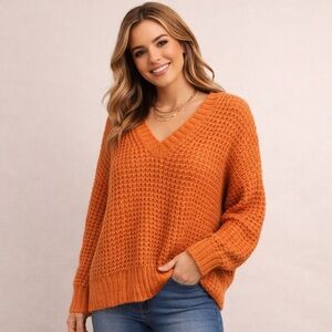 American Eagle Chunky Knit Sweater Orange V-Neck Oversized Cozy Fall Small